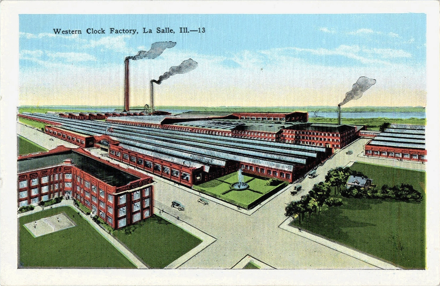 Idealized illustration of a large red factory complex with smoke rising from its three chimneys.